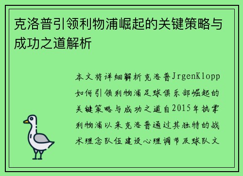 克洛普引领利物浦崛起的关键策略与成功之道解析