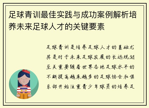 足球青训最佳实践与成功案例解析培养未来足球人才的关键要素