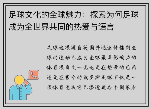 足球文化的全球魅力：探索为何足球成为全世界共同的热爱与语言