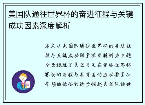 美国队通往世界杯的奋进征程与关键成功因素深度解析
